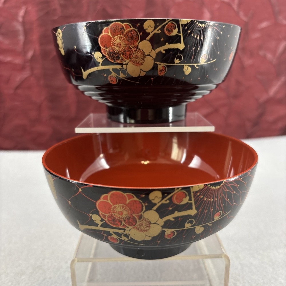 Japanese Lacquerware Bowls Soup Rice Noodles Red Black Gold Floral Miso Japan - Picture 12 of 16